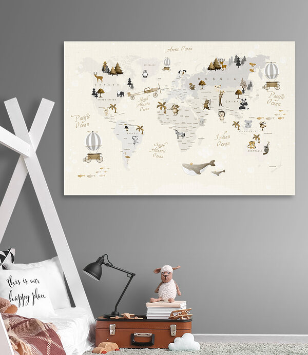 Wereldkaart met dieren Canvas Schilderijen Wereldkaart met dieren