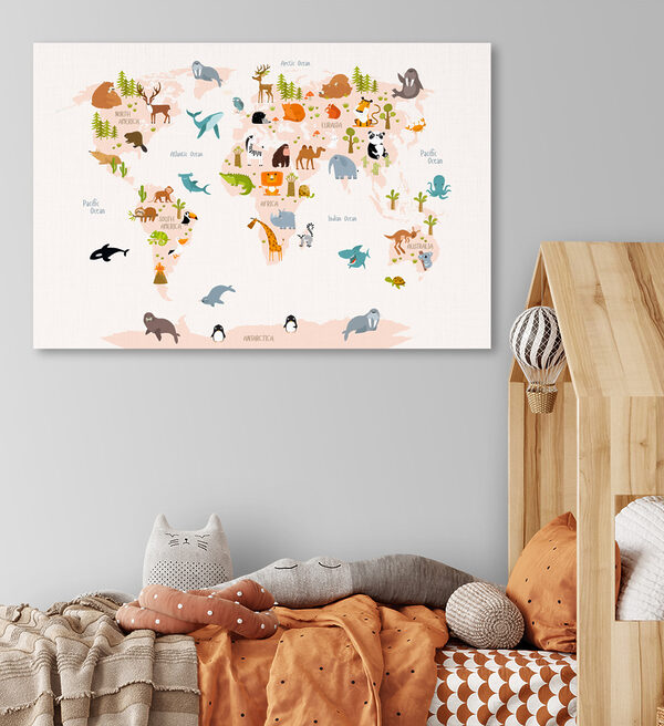 Wereldkaart met dieren Canvas Schilderijen Wereldkaart met dieren