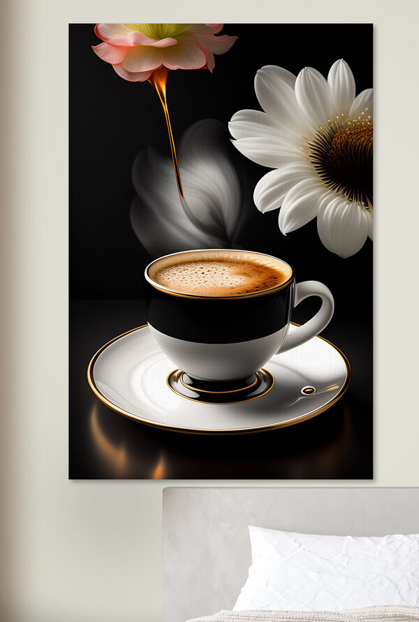 Bloemenaroma wervelt boven espresso Canvas Schilderijen Bloemenaroma wervelt boven espresso
