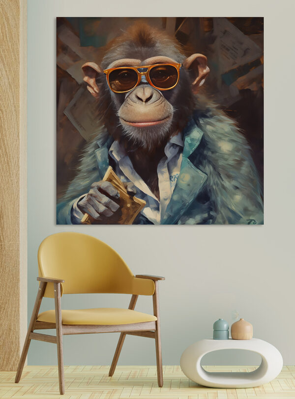 Chimpansee met zonnebril die kaart vasthoudt Canvas Schilderijen Chimpansee met zonnebril die kaart vasthoudt