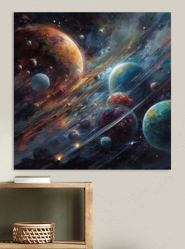 Levendige planeten in een kosmische dans Canvas Schilderijen Levendige planeten in een kosmische dans