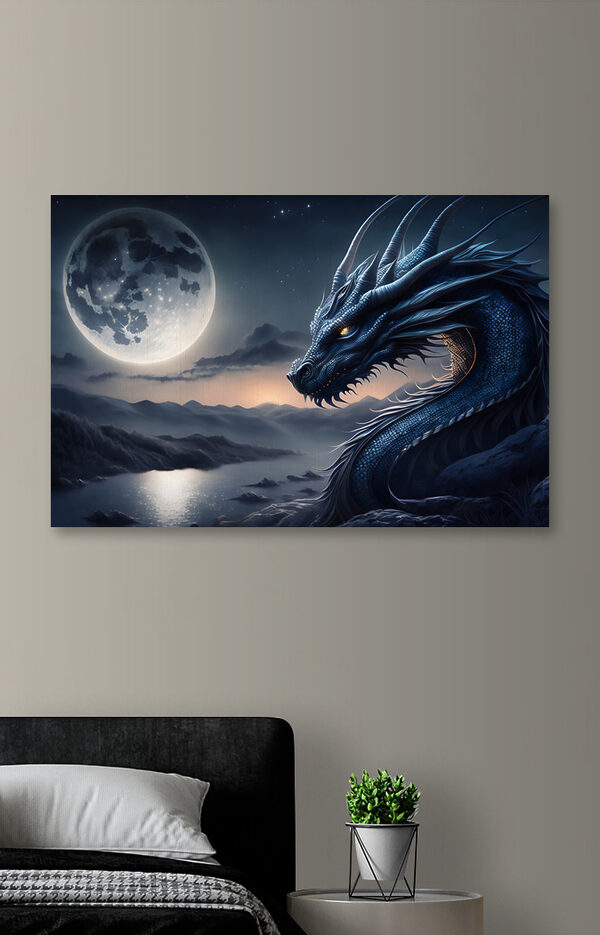 Blauwe draak met horens en een maan op de achtergrond Canvas Schilderijen Blauwe draak met horens en een maan op de achtergrond