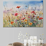 Canvas Schilderijen Vlinder danst over veld met wilde bloemen.
