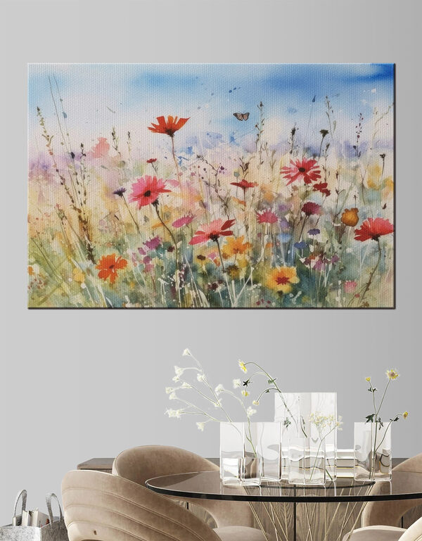 Vlinder danst over veld met wilde bloemen Canvas Schilderijen Vlinder danst over veld met wilde bloemen