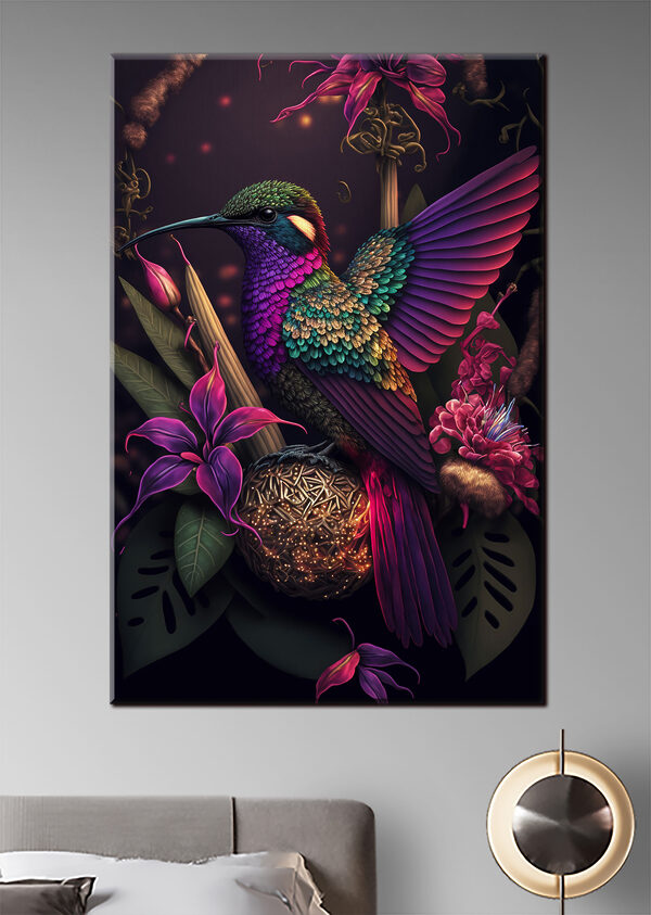 Levendige kolibrie tussen exotische bloemen Canvas Schilderijen Levendige kolibrie tussen exotische bloemen