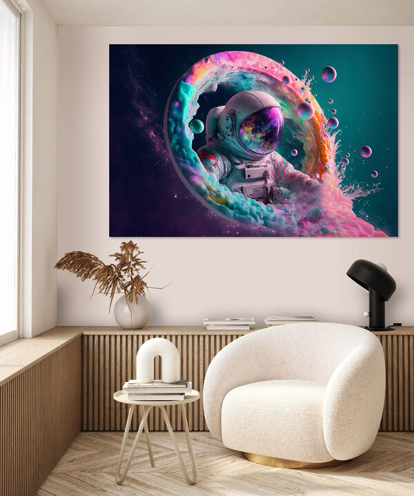 Een astronaut in een kleurrijke cirkel Canvas Schilderijen Een astronaut in een kleurrijke cirkel