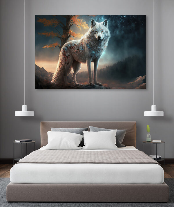 Mystieke wolf onder sterrenhemel Canvas Schilderijen Mystieke wolf onder sterrenhemel