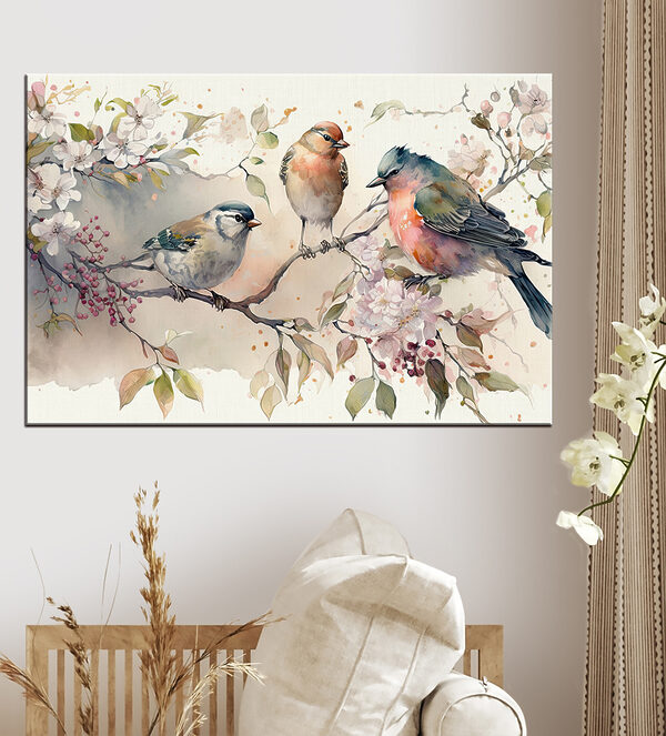 Groep vogels op een tak Canvas Schilderijen Groep vogels op een tak