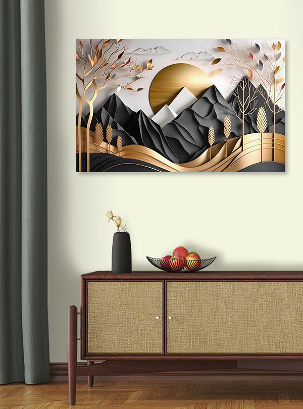 Abstract landschap met bergen en bomen Canvas Schilderijen Abstract landschap met bergen en bomen