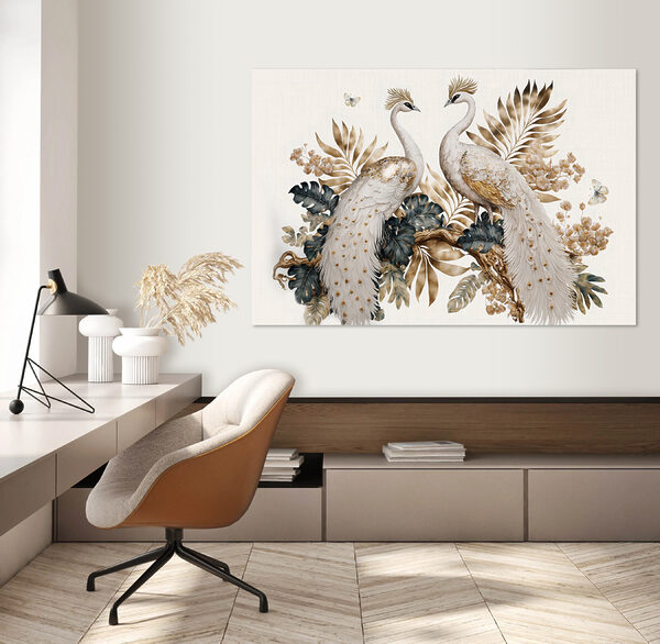 Elegante pauwen te midden van weelderig gebladerte Canvas Schilderijen Elegante pauwen te midden van weelderig gebladerte