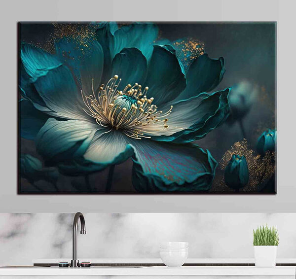 Lichtgevende groenblauwe bloem met gloeiende accenten Canvas Schilderijen Lichtgevende groenblauwe bloem met gloeiende accenten