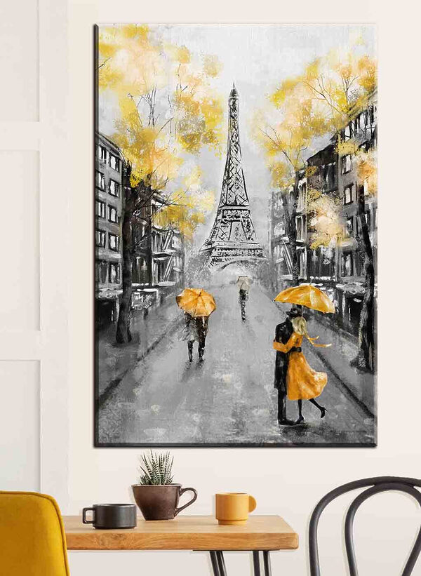 Parijse straten onder gele paraplu's Canvas Schilderijen Parijse straten onder gele paraplu's