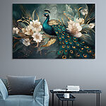 Canvas Schilderijen Majestueuze pauw te midden van elegante bloesems.