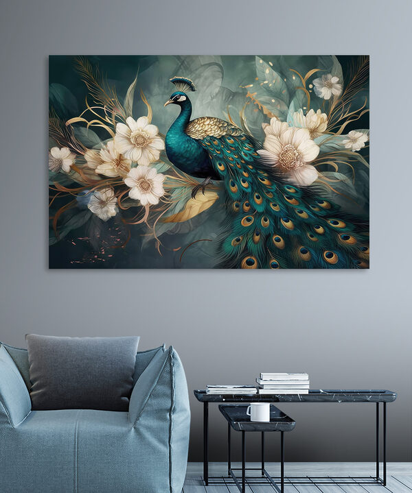 Majestueuze pauw te midden van elegante bloesems Canvas Schilderijen Majestueuze pauw te midden van elegante bloesems