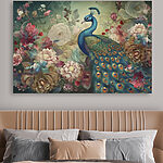 Canvas Schilderijen Elegante pauw tussen levendige bloesems