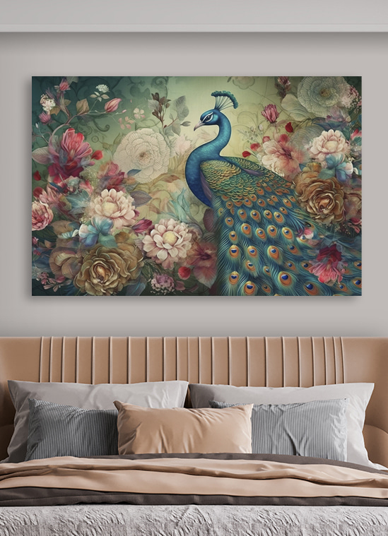 Elegante pauw tussen levendige bloesems Canvas Schilderijen Elegante pauw tussen levendige bloesems