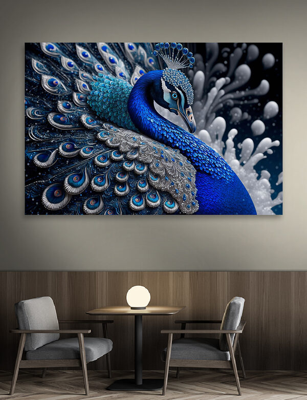 Blauwe en zilveren pauw Canvas Schilderijen Blauwe en zilveren pauw