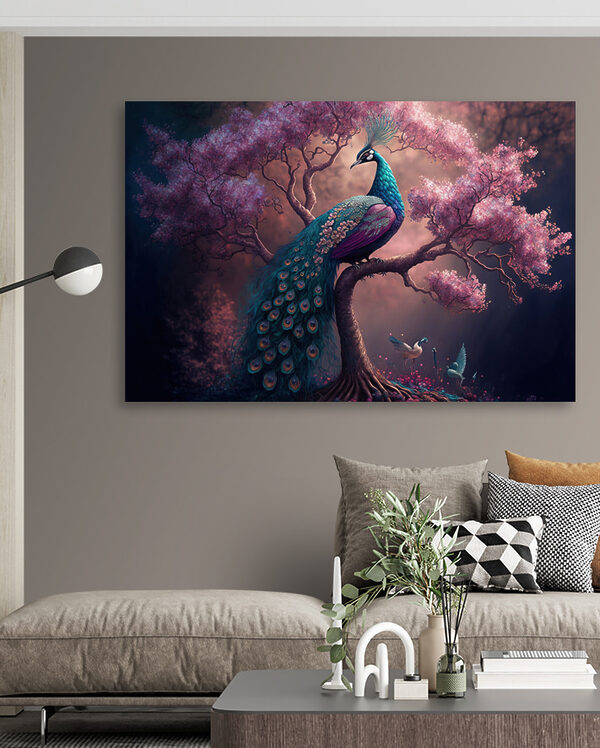 Kleurrijke pauw op een boomtak Canvas Schilderijen Kleurrijke pauw op een boomtak