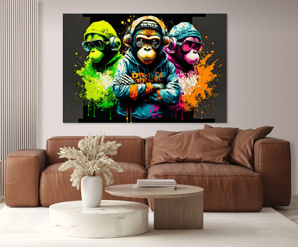 Groep apen met koptelefoon en capuchon Canvas Schilderijen Groep apen met koptelefoon en capuchon