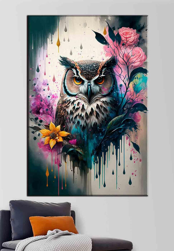 Levendige uil omringd door levendige bloemen Canvas Schilderijen Levendige uil omringd door levendige bloemen