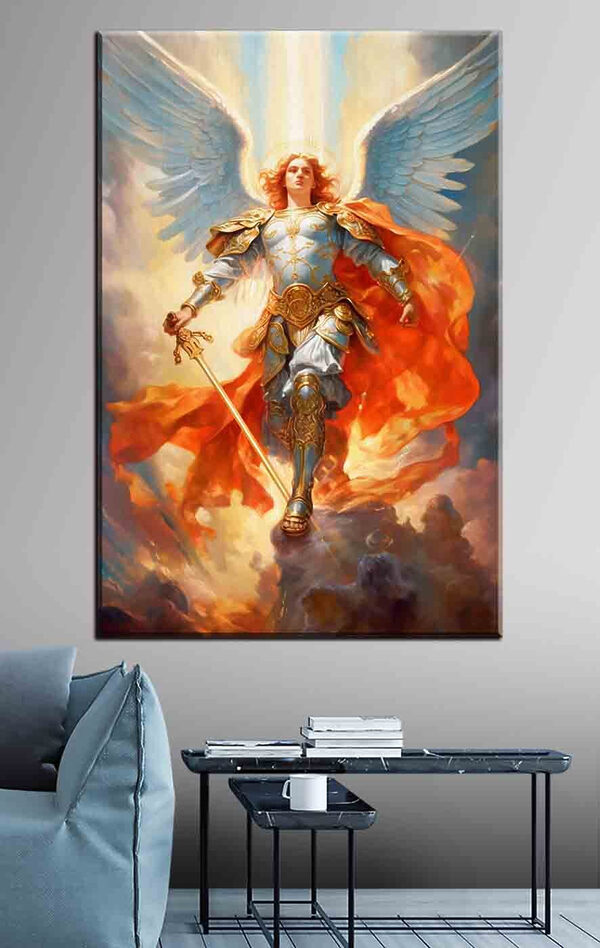 Schilderij van een persoon in harnas met vleugels en een zwaard Canvas Schilderijen Schilderij van een persoon in harnas met vleugels en een zwaard