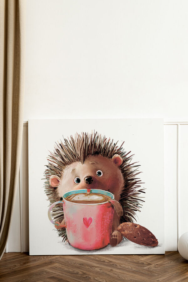 Egeltje geniet van koffie met koekje Canvas Schilderijen Egeltje geniet van koffie met koekje