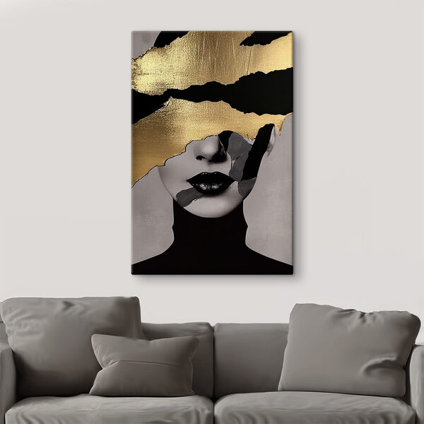 Verguld abstract gezicht met zwarte lippen Canvas Schilderijen Verguld abstract gezicht met zwarte lippen