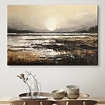Canvas Schilderijen Schilderij van een strand met de zon op de achtergrond