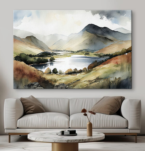 Aquarel van een meer omringd door bergen Canvas Schilderijen Aquarel van een meer omringd door bergen