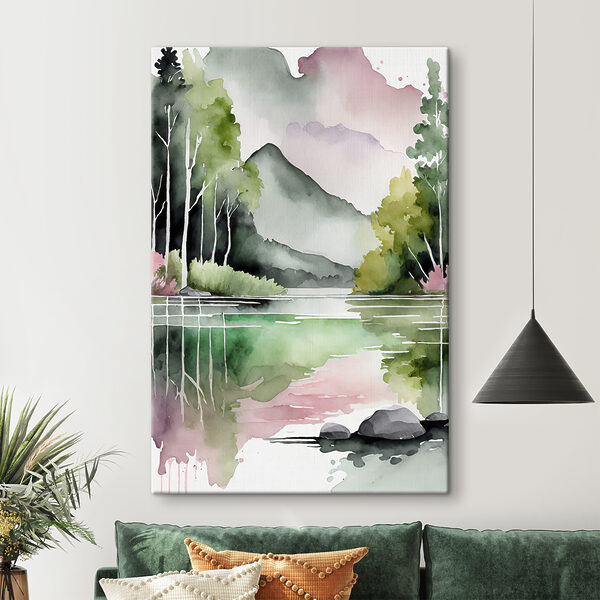 Aquarel van een meer met bomen en bergen op de achtergrond Canvas Schilderijen Aquarel van een meer met bomen en bergen op de achtergrond