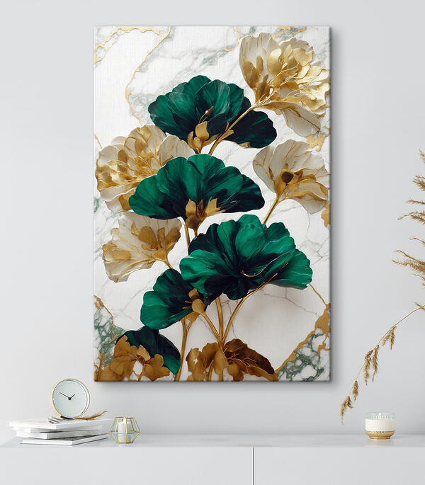 Smaragdgroene en ivoorkleurige bloemen lopen elegant in elkaar over Canvas Schilderijen Smaragdgroene en ivoorkleurige bloemen lopen elegant in elkaar over