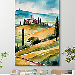 Canvas Schilderijen Toscaanse heuvels met serene villa.