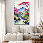 Canvas Schilderijen Aquarel van een berg en bomen met roze bloemen