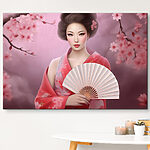 Canvas Schilderijen Elegante vrouw met roze bloemen.
