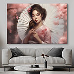Canvas Schilderijen Vrouw met parasol tussen de bloesems.