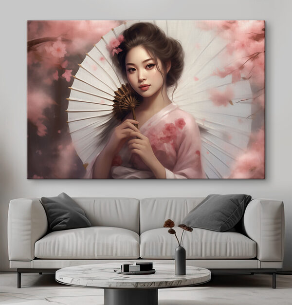 Vrouw met parasol tussen de bloesems Canvas Schilderijen Vrouw met parasol tussen de bloesems