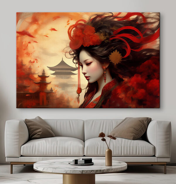 Vrouw met lang haar en rode bloemen in haar haar Canvas Schilderijen Vrouw met lang haar en rode bloemen in haar haar