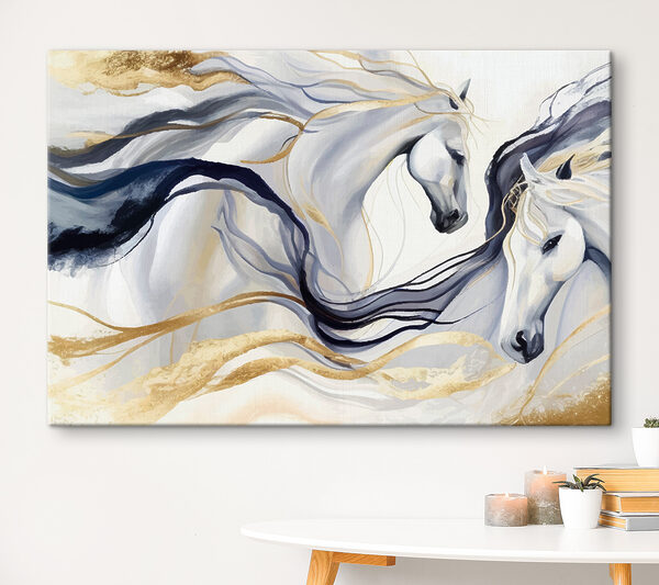 Majestueuze paarden in etherische beweging Canvas Schilderijen Majestueuze paarden in etherische beweging