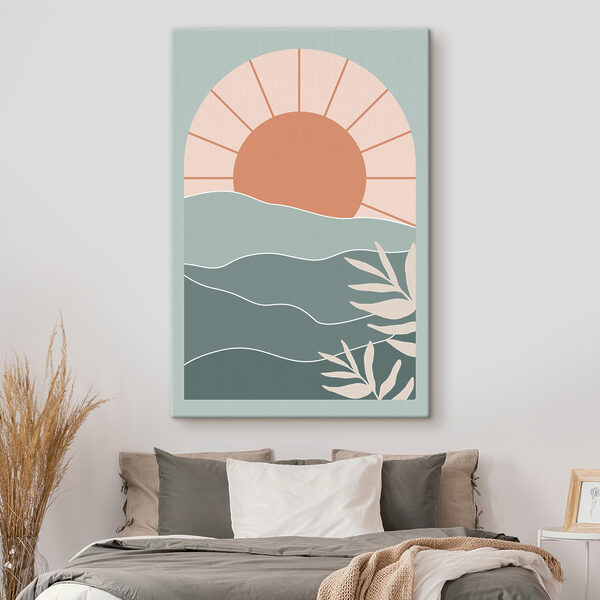 Zonsondergang over golven en bladeren Canvas Schilderijen Zonsondergang over golven en bladeren