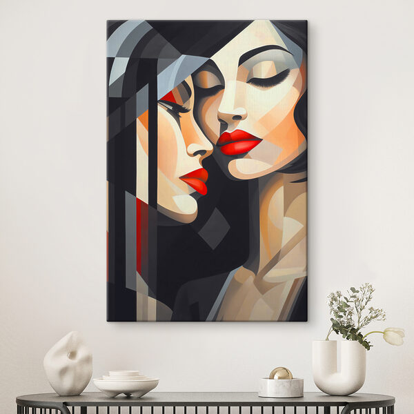 Abstracte omhelzing met levendige rode lippen Canvas Schilderijen Abstracte omhelzing met levendige rode lippen