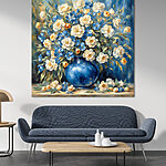 Canvas Schilderijen Blauwe vaas met bloeiende bloemen.