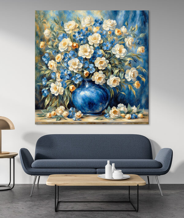 Blauwe vaas met bloeiende bloemen Canvas Schilderijen Blauwe vaas met bloeiende bloemen