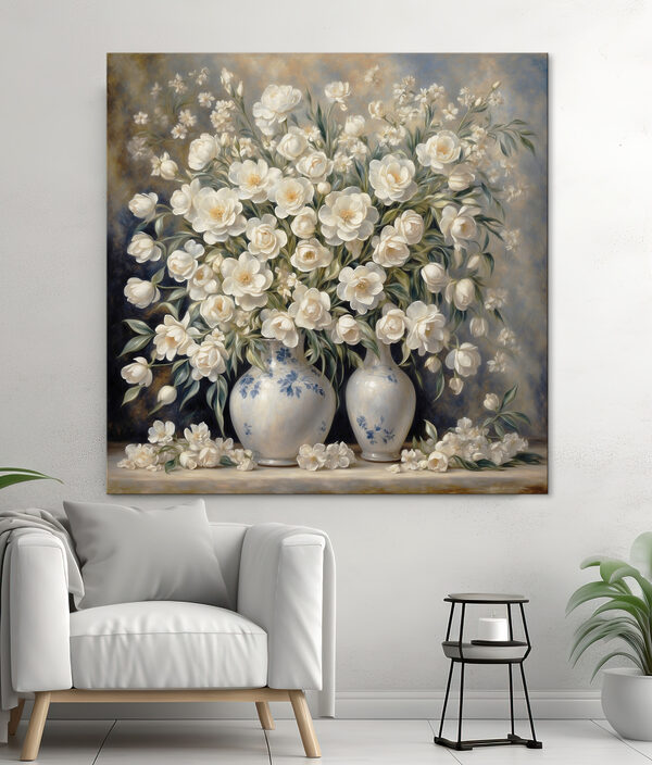 Witte bloemen in elegante blauwe vazen Canvas Schilderijen Witte bloemen in elegante blauwe vazen