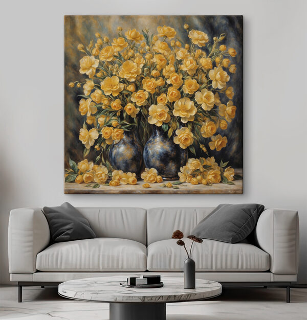 Gele rozen in artistieke vazen Canvas Schilderijen Gele rozen in artistieke vazen