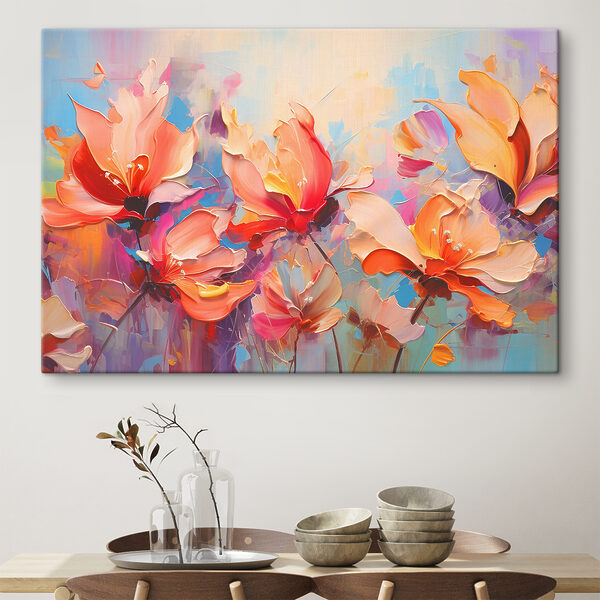 Schilderij van bloemen op een blauwe achtergrond Canvas Schilderijen Schilderij van bloemen op een blauwe achtergrond