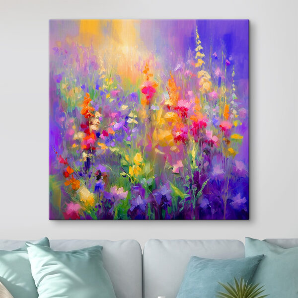 Schilderij van bloemen in een veld Canvas Schilderijen Schilderij van bloemen in een veld