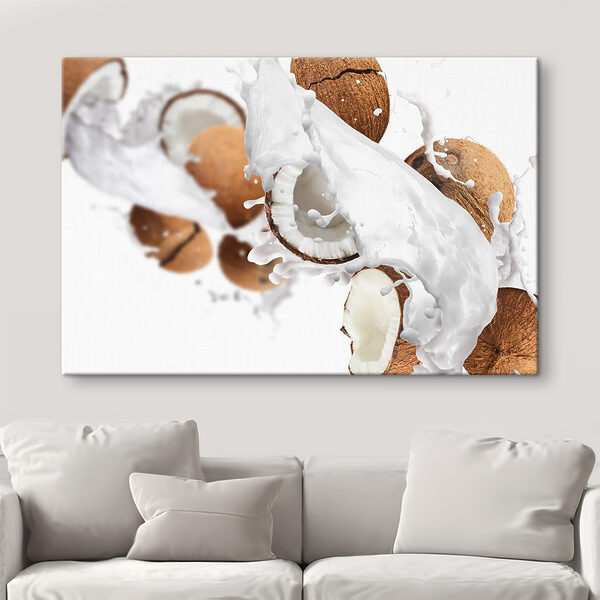 Kokosnoot met melkspatten Canvas Schilderijen Kokosnoot met melkspatten