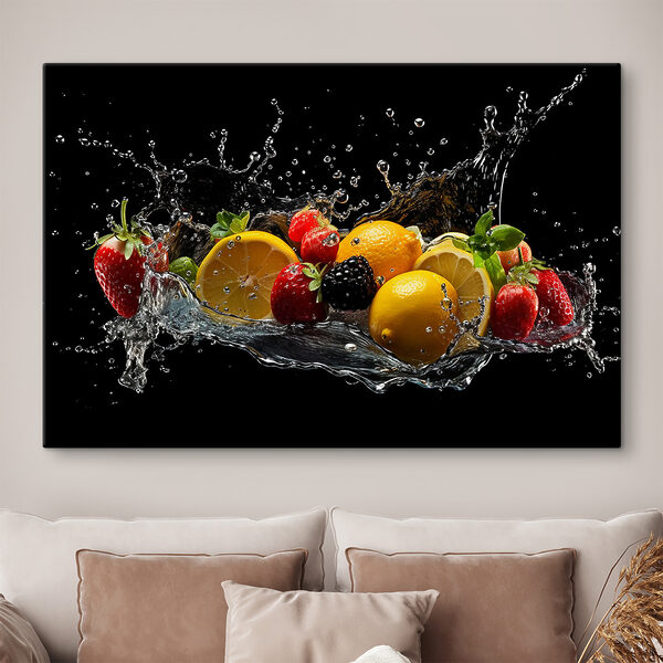 Canvas Schilderijen Splashing fruits in vibrant motion (Artikelnummer: s37044)