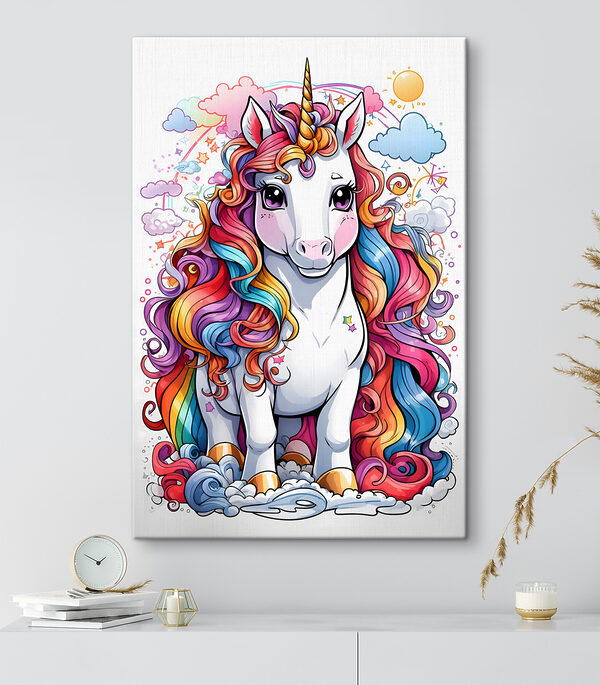 Cartoon van een eenhoorn met regenbooghaar Canvas Schilderijen Cartoon van een eenhoorn met regenbooghaar