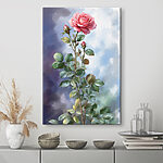 Canvas Schilderijen Roze roos met bladeren in bloei.